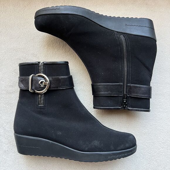 Stuart Weitzman Black  Suede Bootie Platform Wedge Women 7.5 M Buckle Zip - Picture 1 of 16